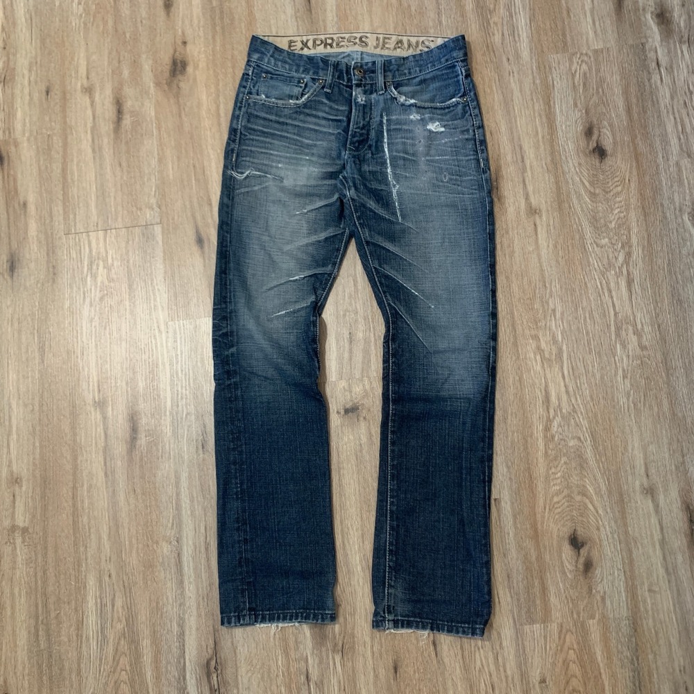 Vintage 90s Express Jeans straight leg distressed dark‎ wash denim jeans - 30x32